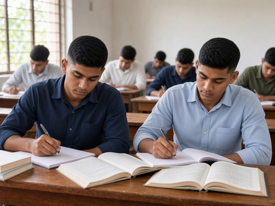 Young men with short army haircuts study together in a classroom.