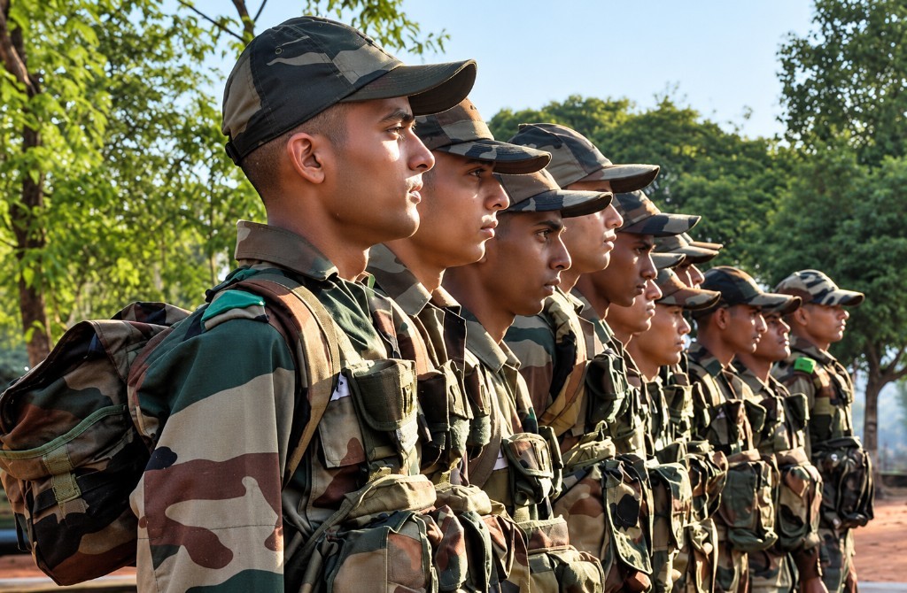 Soldiers in combat dress stand in a line.