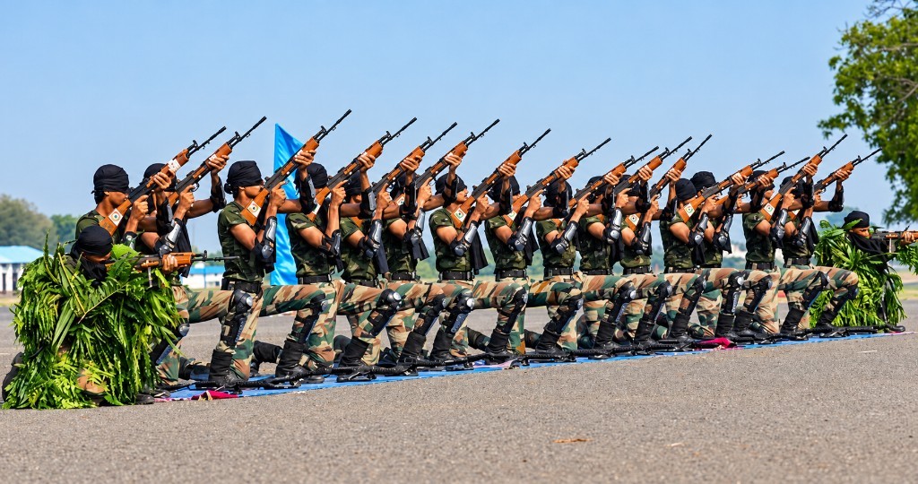 Soldiers in combat dress rehearse a drill.