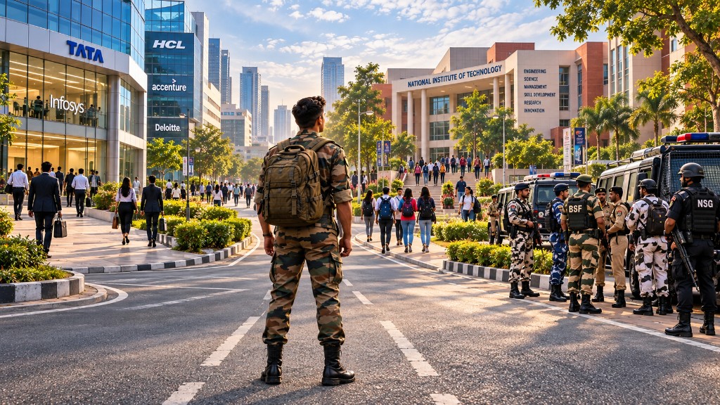 A soldier in combat dress looks toward a campus, offices and uniformed services.
