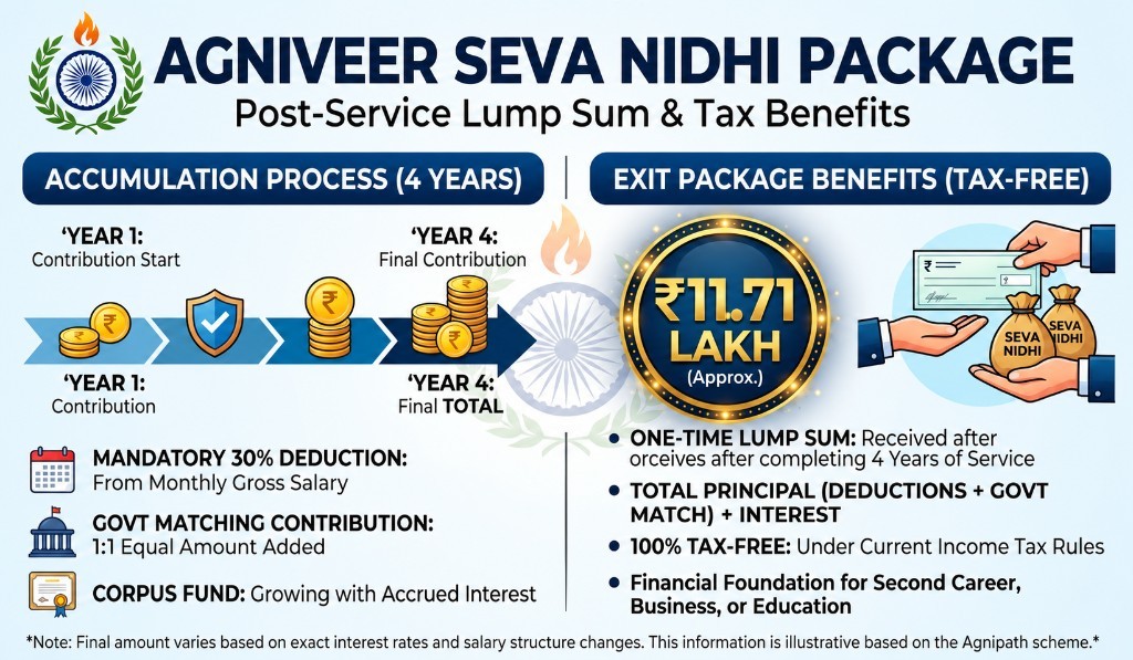 Agniveer Seva Nidhi package showing the post-service lump sum and tax benefits.