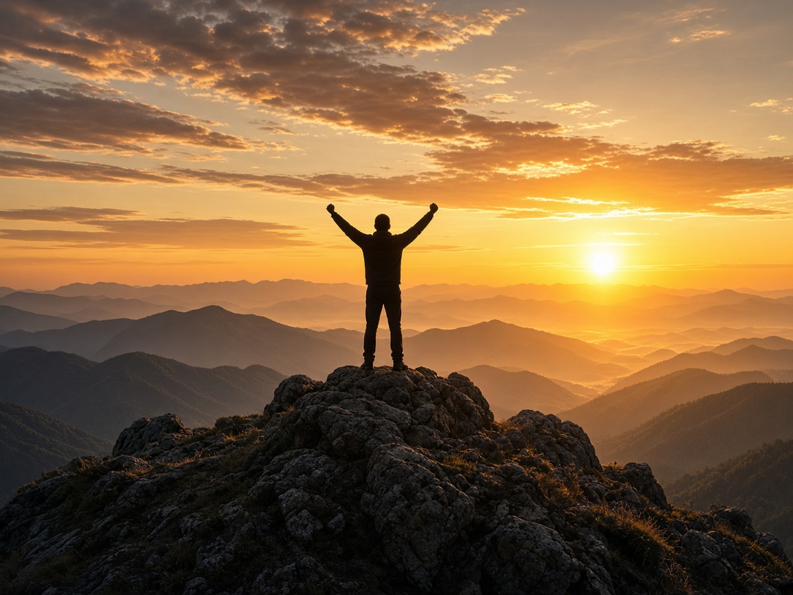 A person stands on a summit with arms raised at sunset.